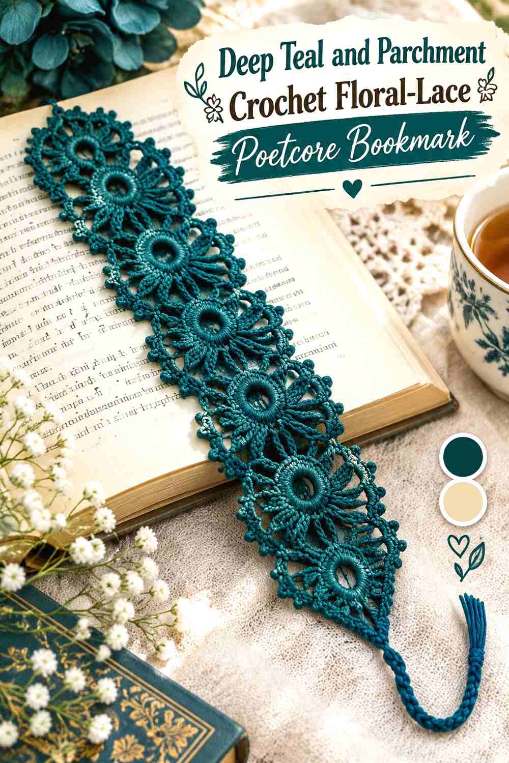 17. Deep Teal And Parchment Crochet Floral Lace Poetcore Bookmark