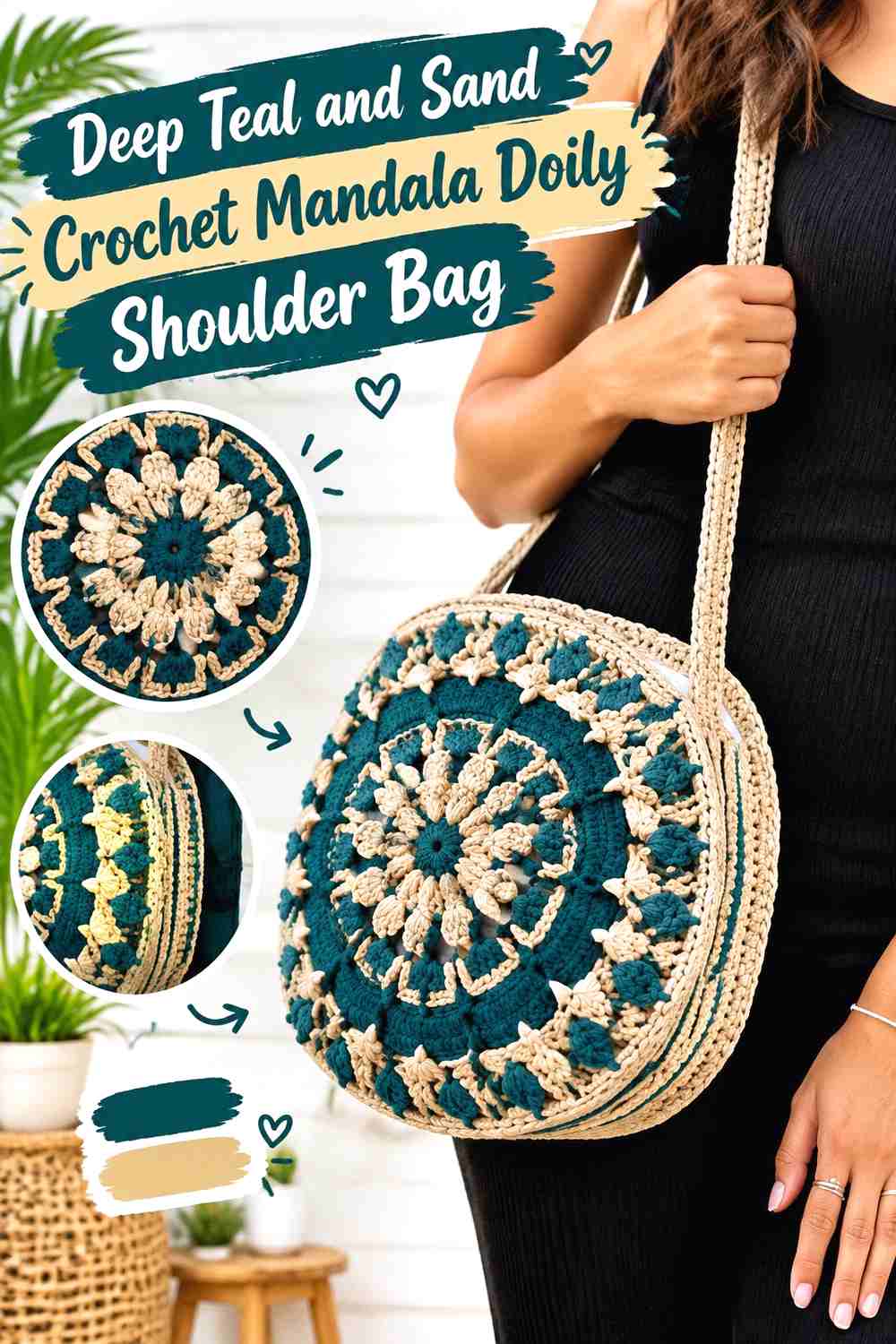 18. Deep Teal And Sand Crochet Mandala Doily Shoulder Bag