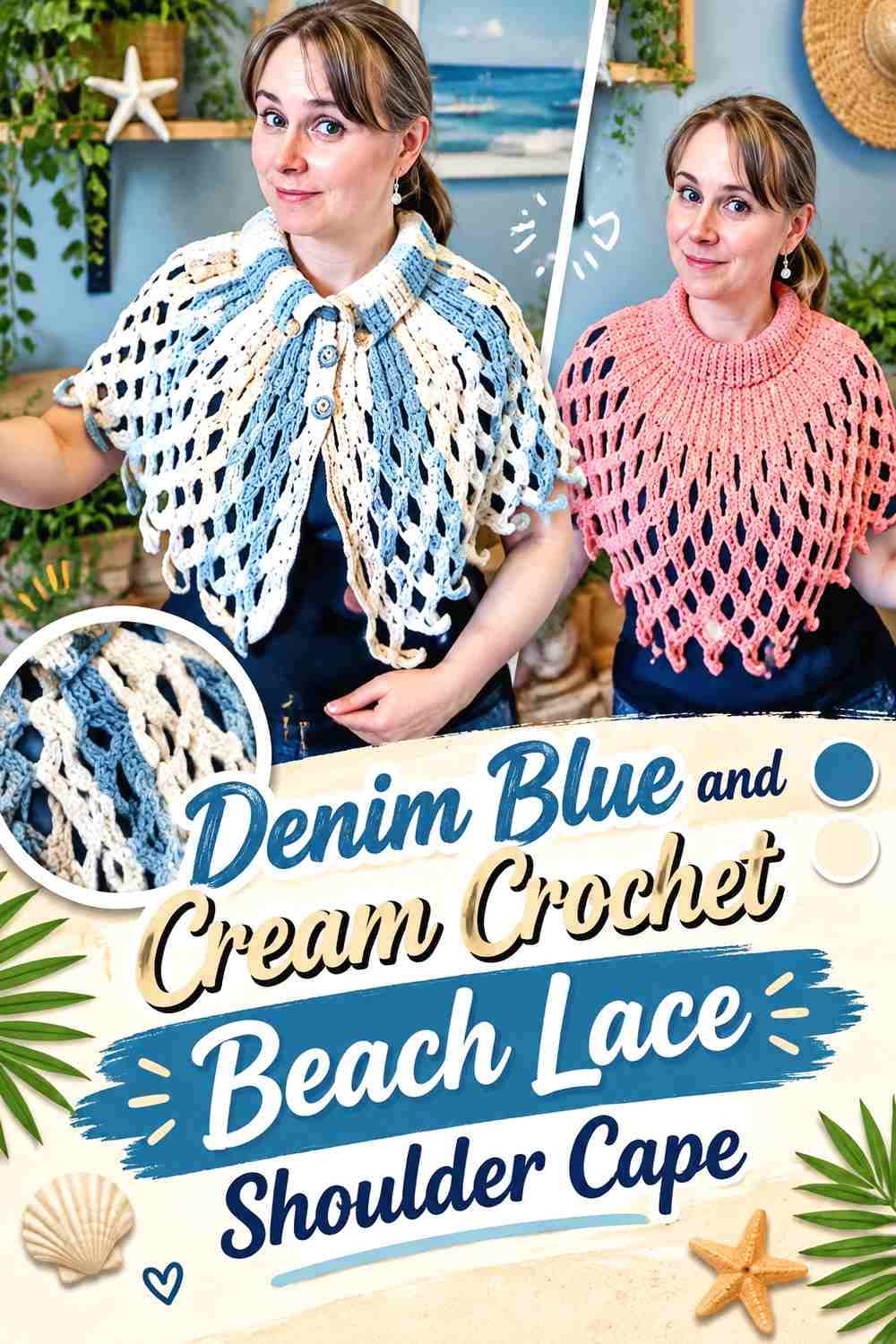 17. Denim Blue And Cream Crochet Beach Lace Shoulder Cape