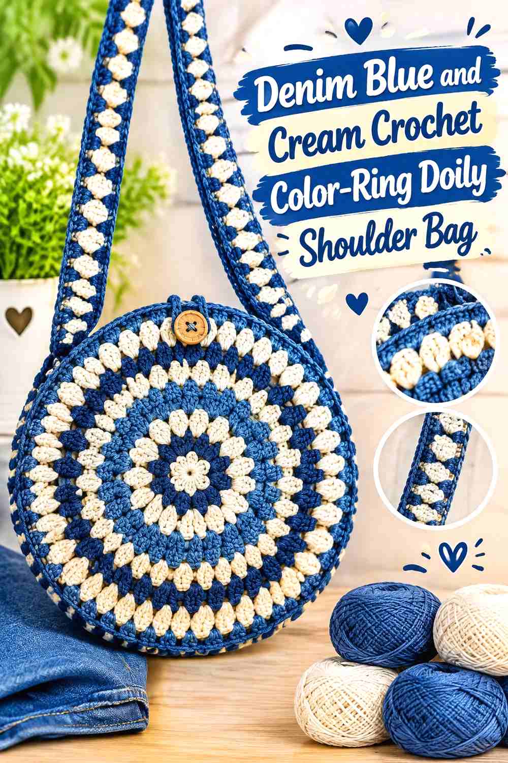 17. Denim Blue And Cream Crochet Color Ring Doily Shoulder Bag