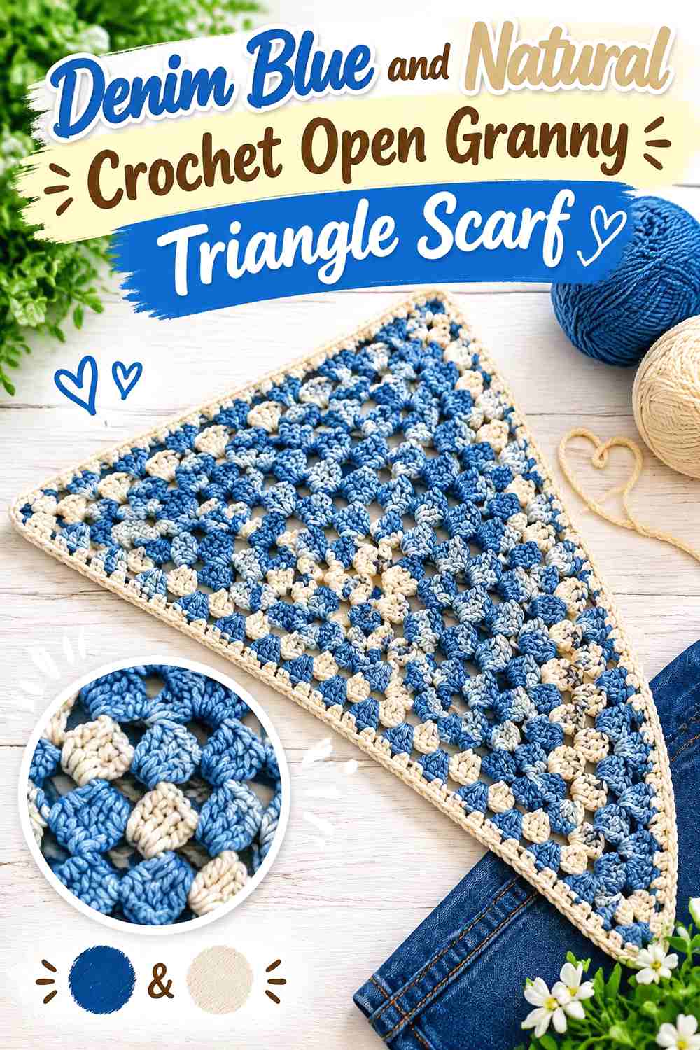 14. Denim Blue And Natural Crochet Open Granny Triangle Scarf