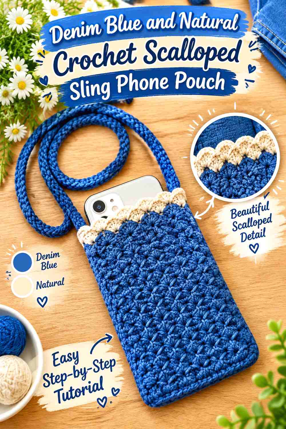 10. Denim Blue And Natural Crochet Scalloped Sling Phone Pouch