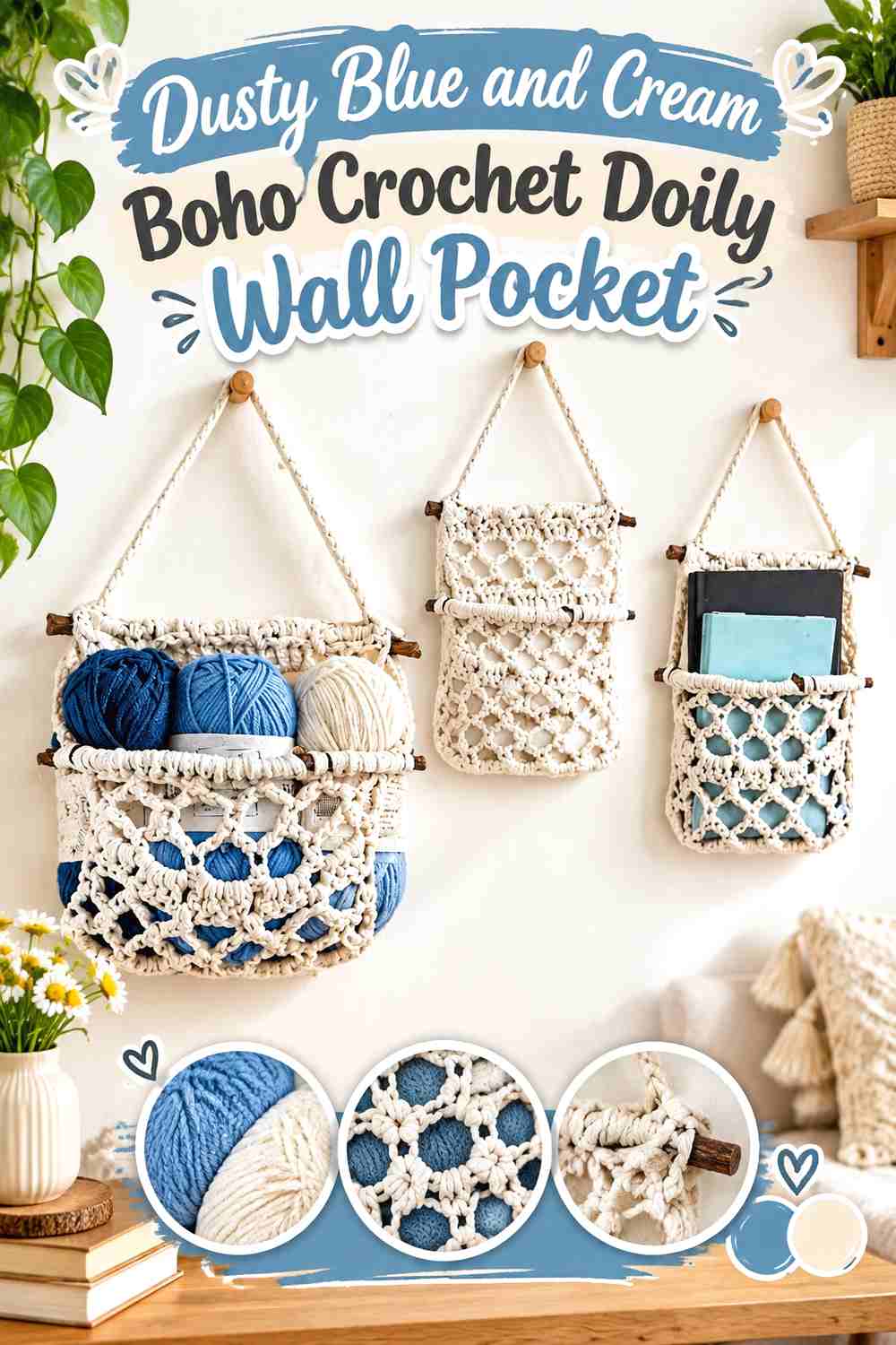 7. Dusty Blue And Cream Boho Crochet Doily Wall Pocket
