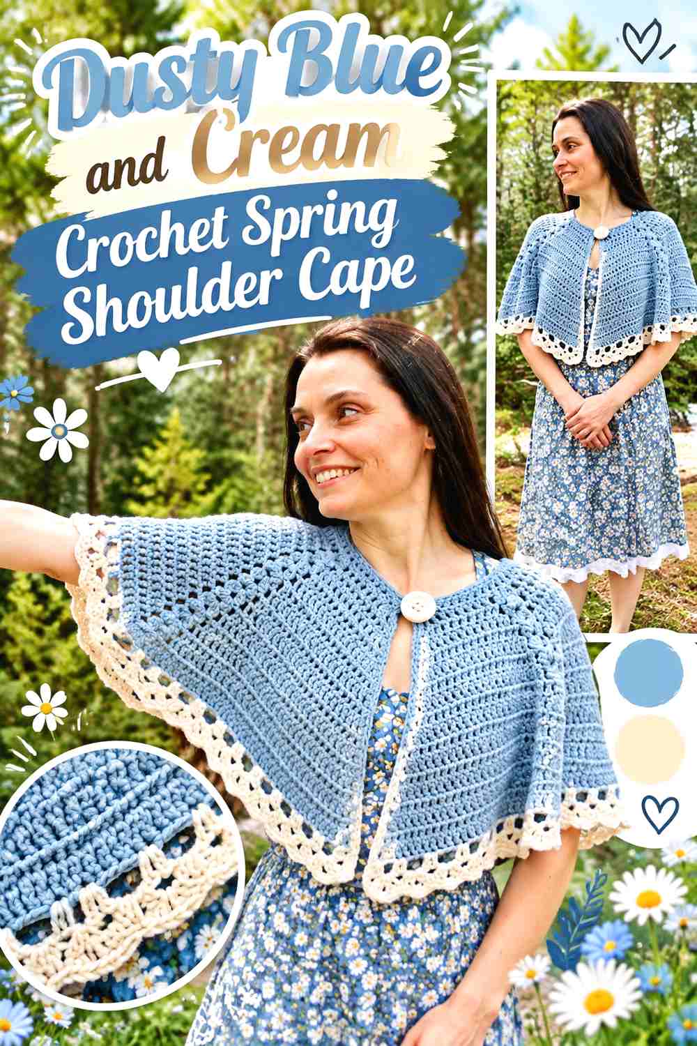 12. Dusty Blue And Cream Crochet Spring Shoulder Cape