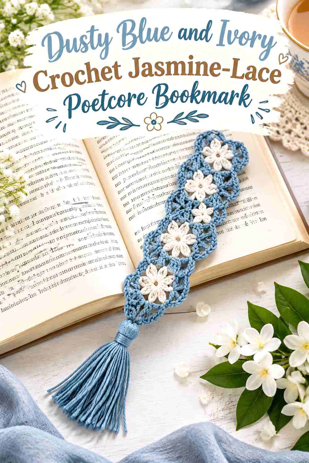 14. Dusty Blue And Ivory Crochet Jasmine Lace Poetcore Bookmark
