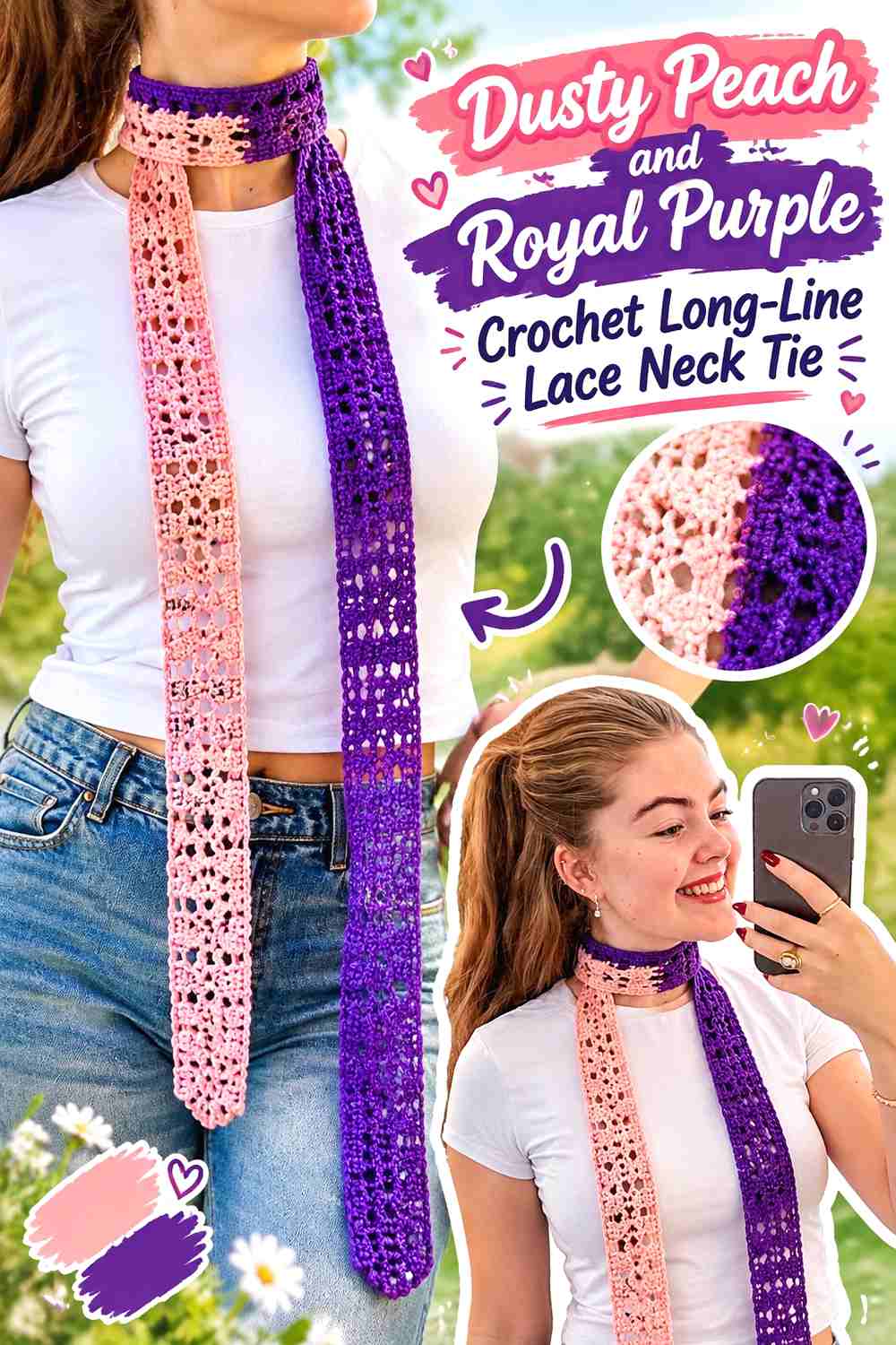 6. Dusty Peach and Royal Purple Crochet Long-Line Lace Neck Tie