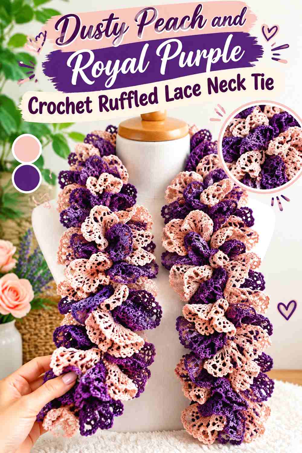 14. Dusty Peach and Royal Purple Crochet Ruffled Lace Neck Tie
