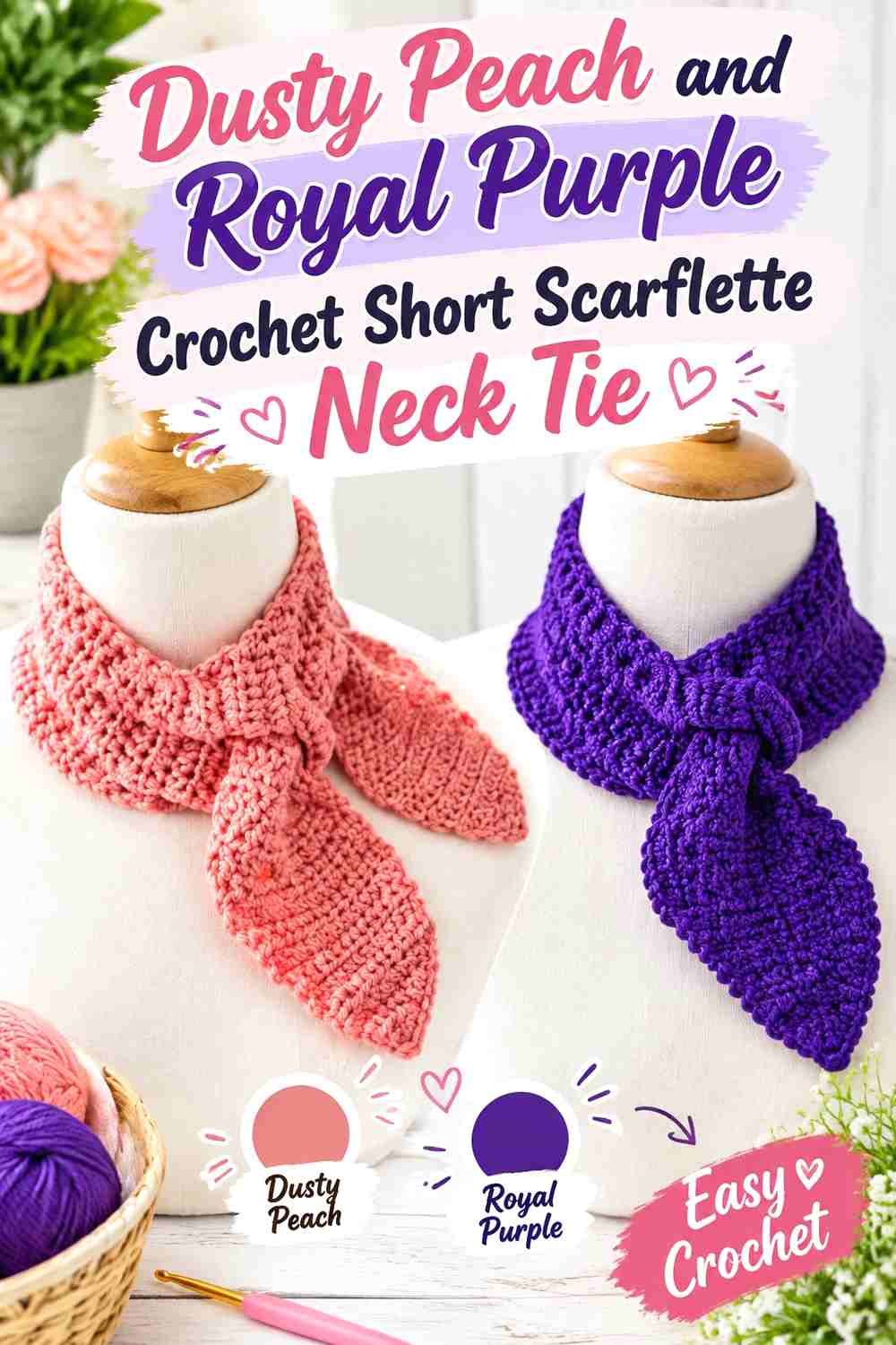 12. Dusty Peach and Royal Purple Crochet Short Scarflette Neck Tie