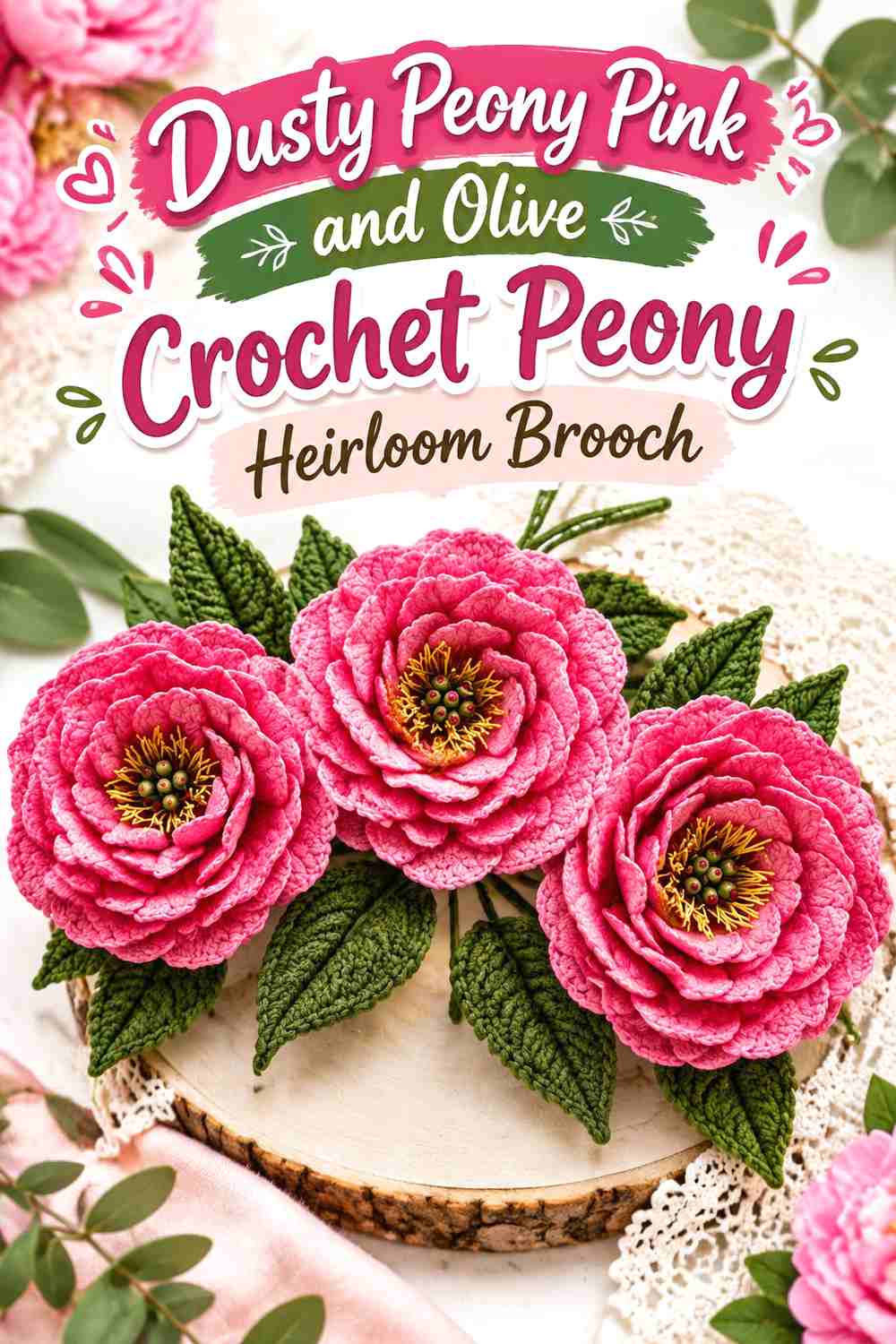 11. Dusty Peony Pink And Olive Crochet Peony Heirloom Brooch