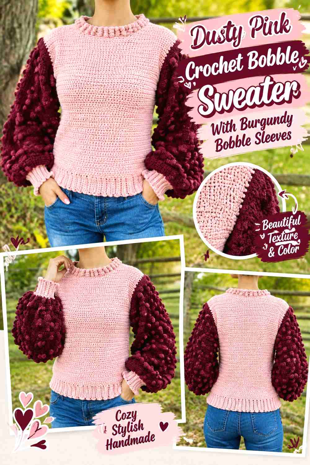 4. Dusty Pink Crochet Bobble Sweater With Burgundy Bobble Sleeves