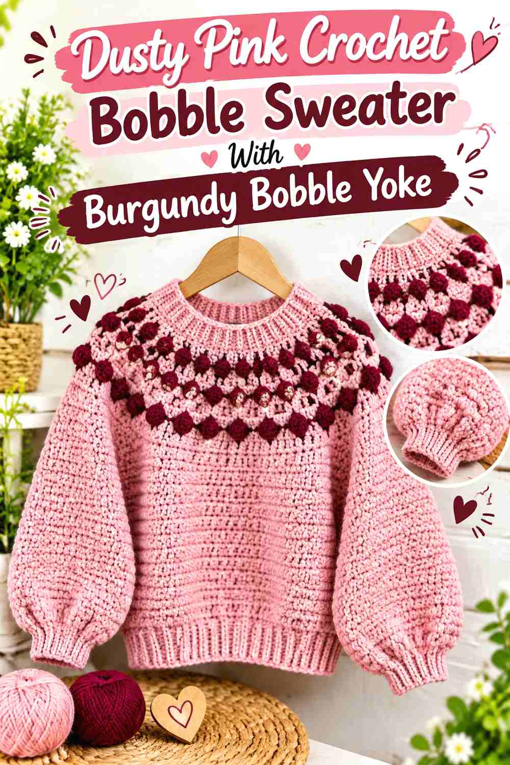 7. Dusty Pink Crochet Bobble Sweater With Burgundy Bobble Yoke