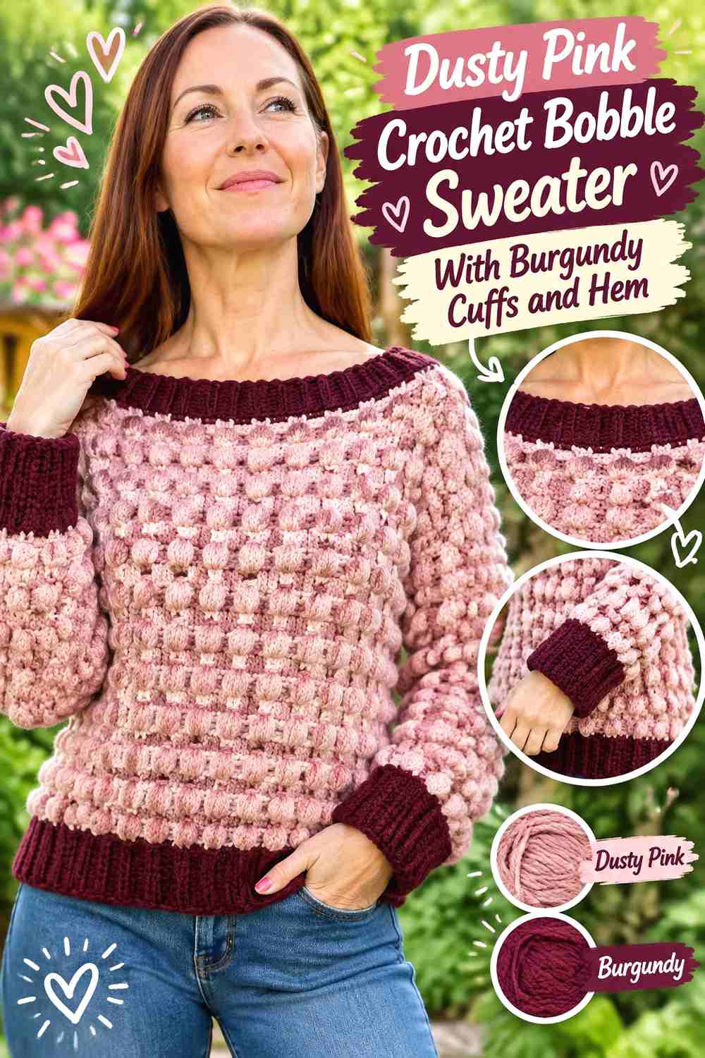 11. Dusty Pink Crochet Bobble Sweater With Burgundy Cuffs and Hem