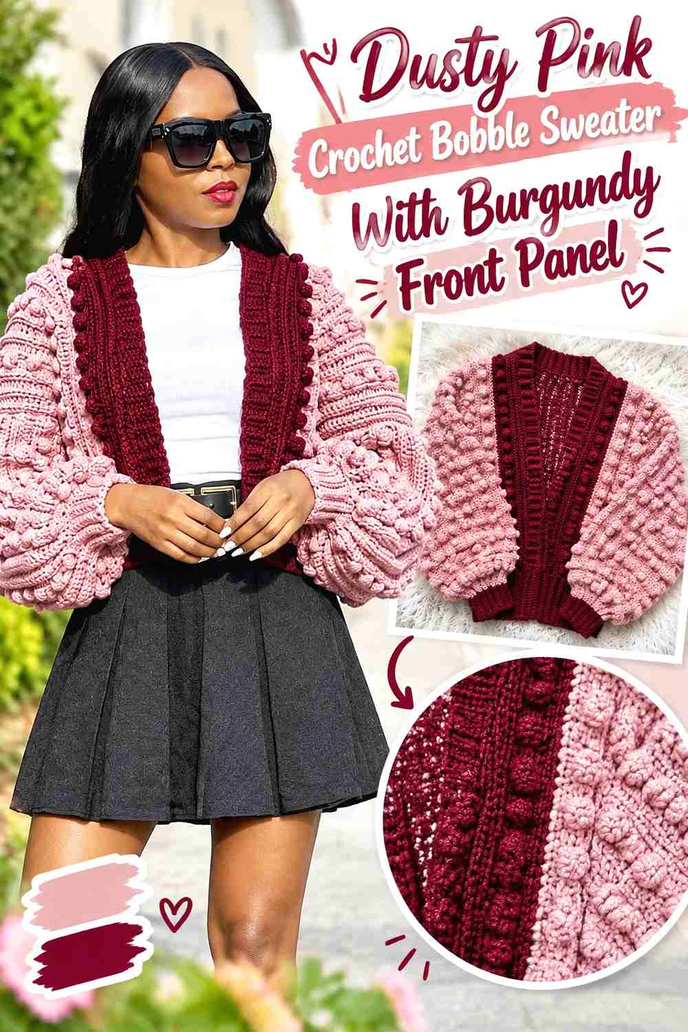 2. Dusty Pink Crochet Bobble Sweater With Burgundy Front Panel