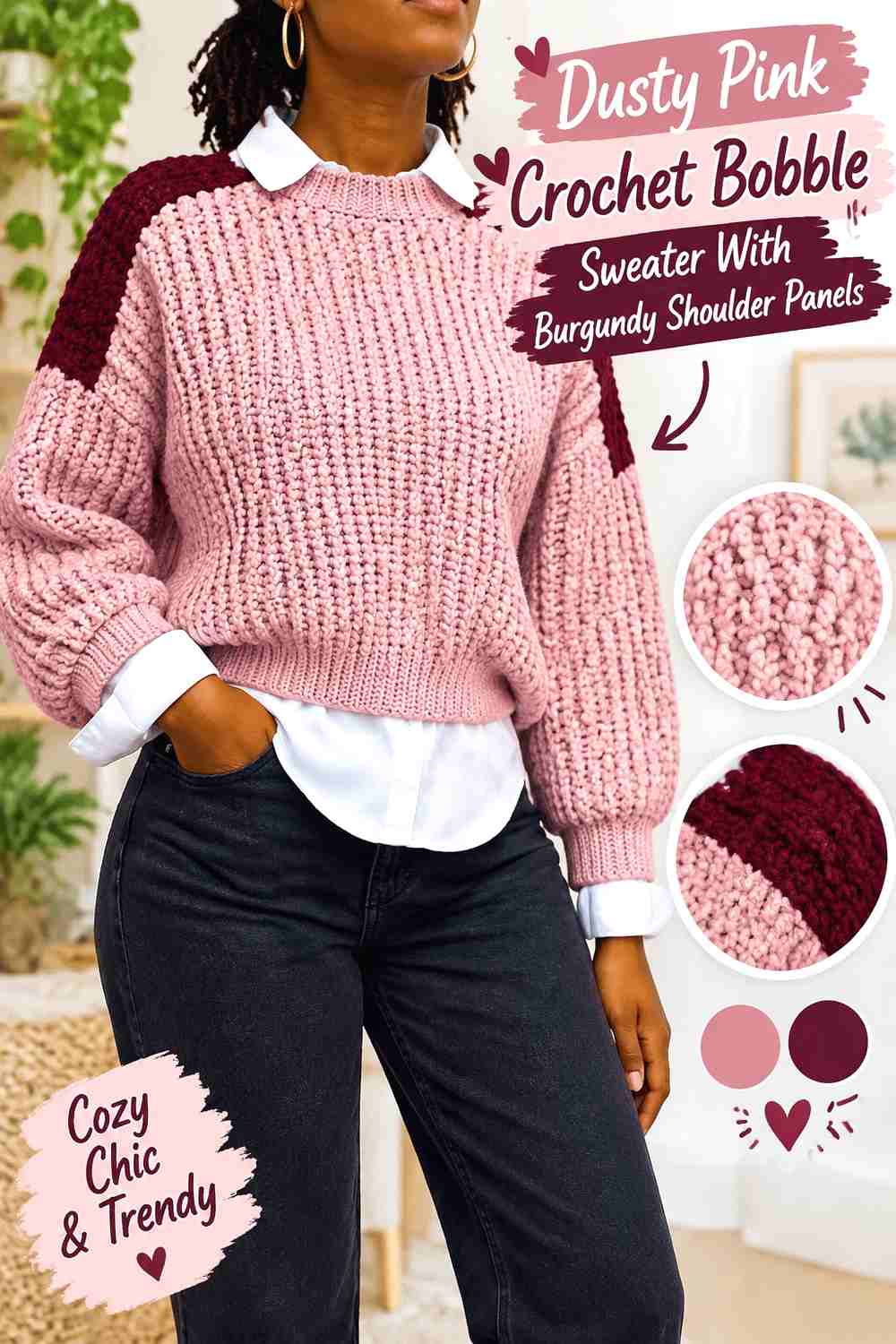 9. Dusty Pink Crochet Bobble Sweater With Burgundy Shoulder Panels