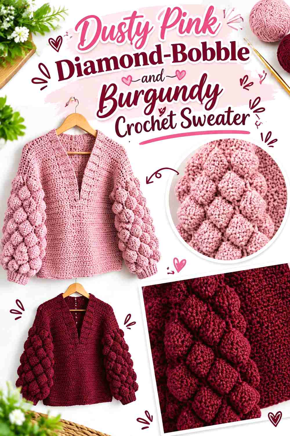 13. Dusty Pink Diamond-Bobble and Burgundy Crochet Sweater