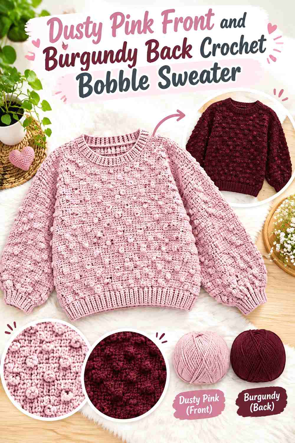 15. Dusty Pink Front and Burgundy Back Crochet Bobble Sweater