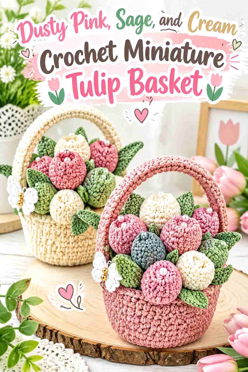 4. Dusty Pink Sage And Cream Crochet Miniature Tulip Basket