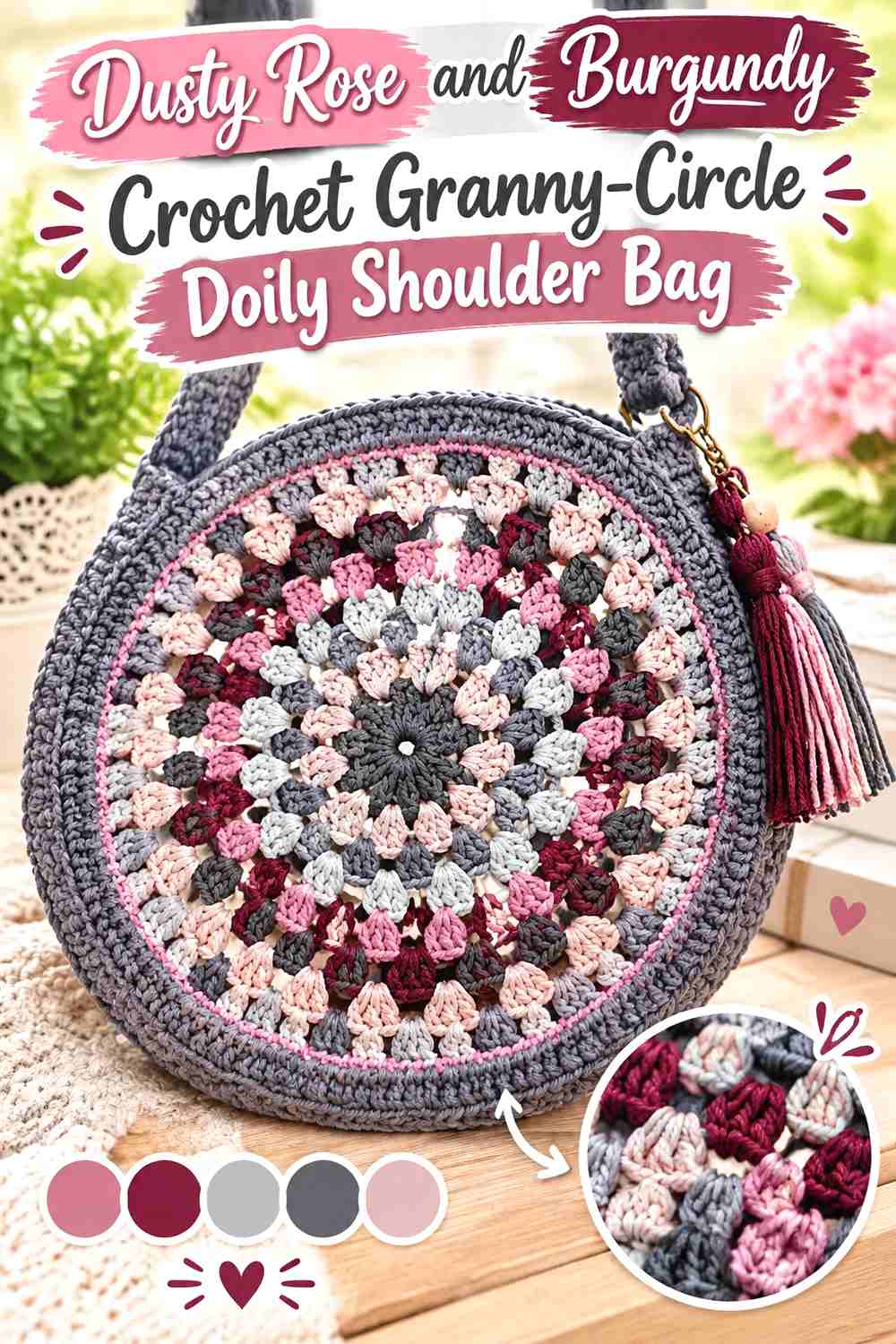 2. Dusty Rose And Burgundy Crochet Granny Circle Doily Shoulder Bag