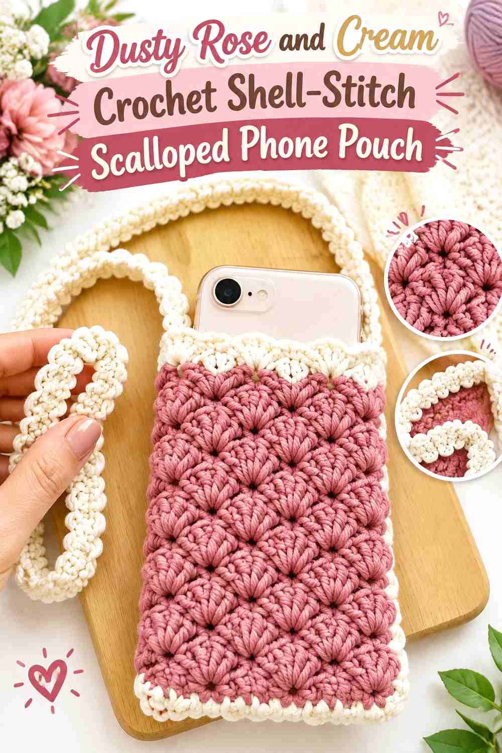 2. Dusty Rose And Cream Crochet Shell Stitch Scalloped Phone Pouch
