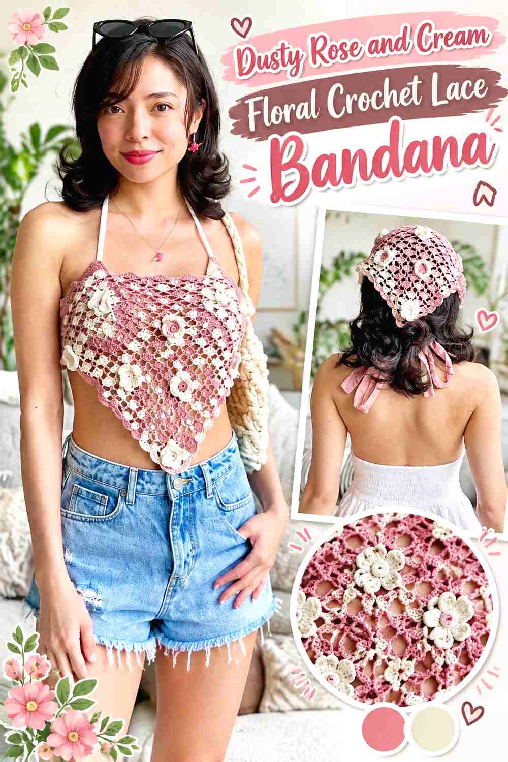 2. Dusty Rose And Cream Floral Crochet Lace Bandana