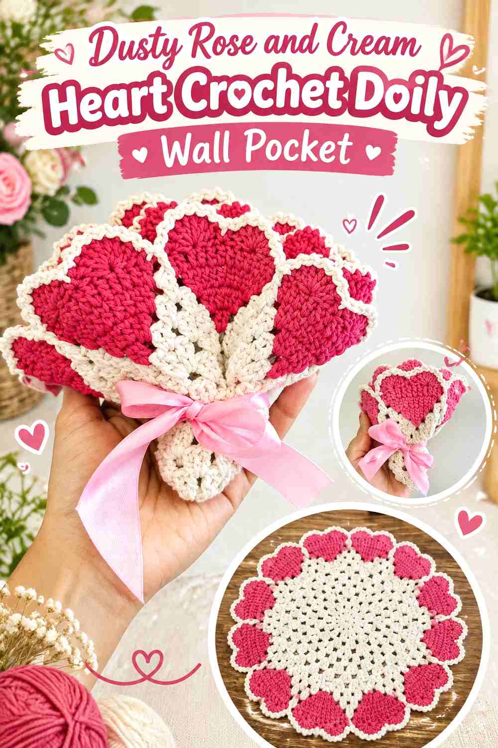 3. Dusty Rose And Cream Heart Crochet Doily Wall Pocket