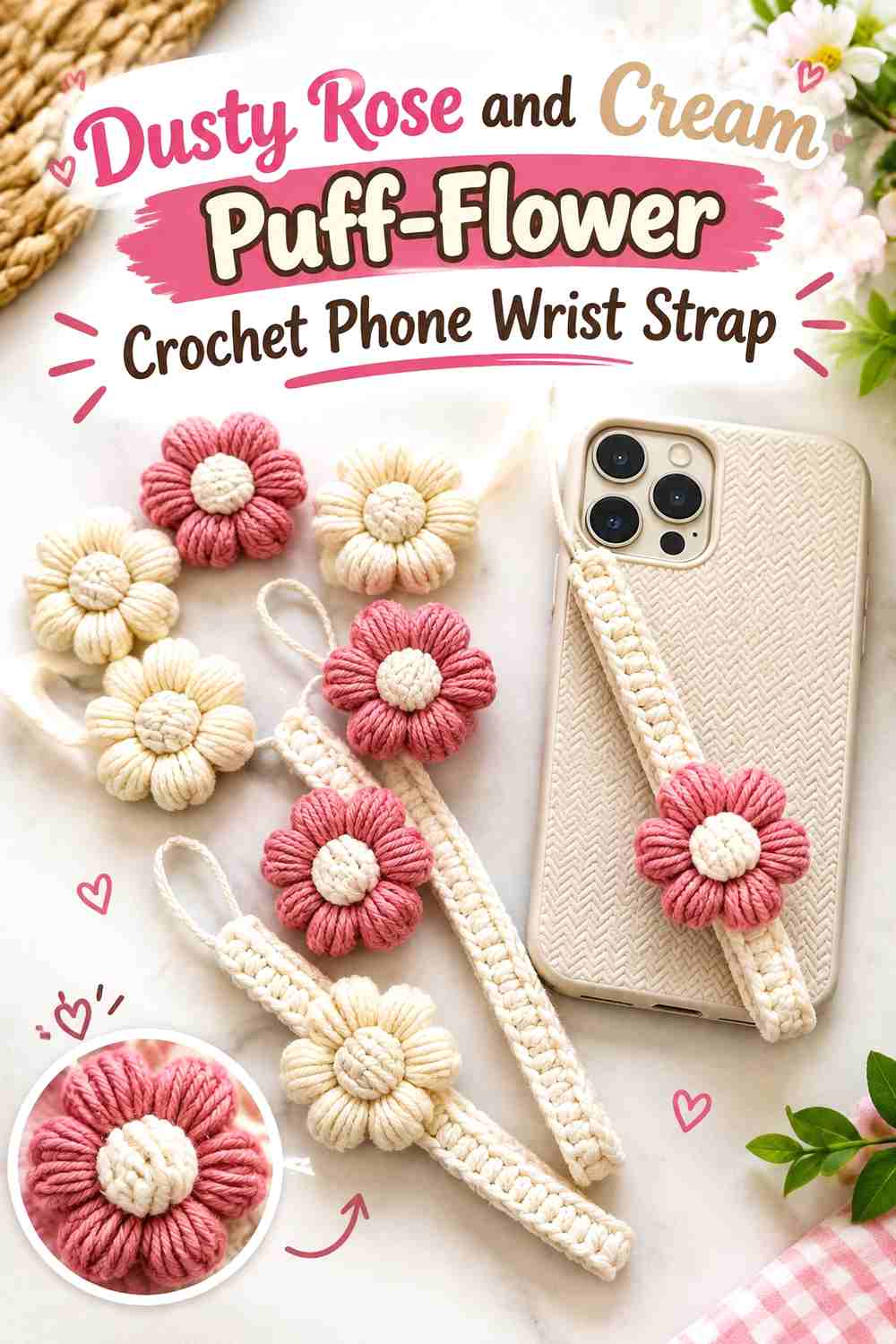 2. Dusty Rose And Cream Puff Flower Crochet Phone Wrist Strap