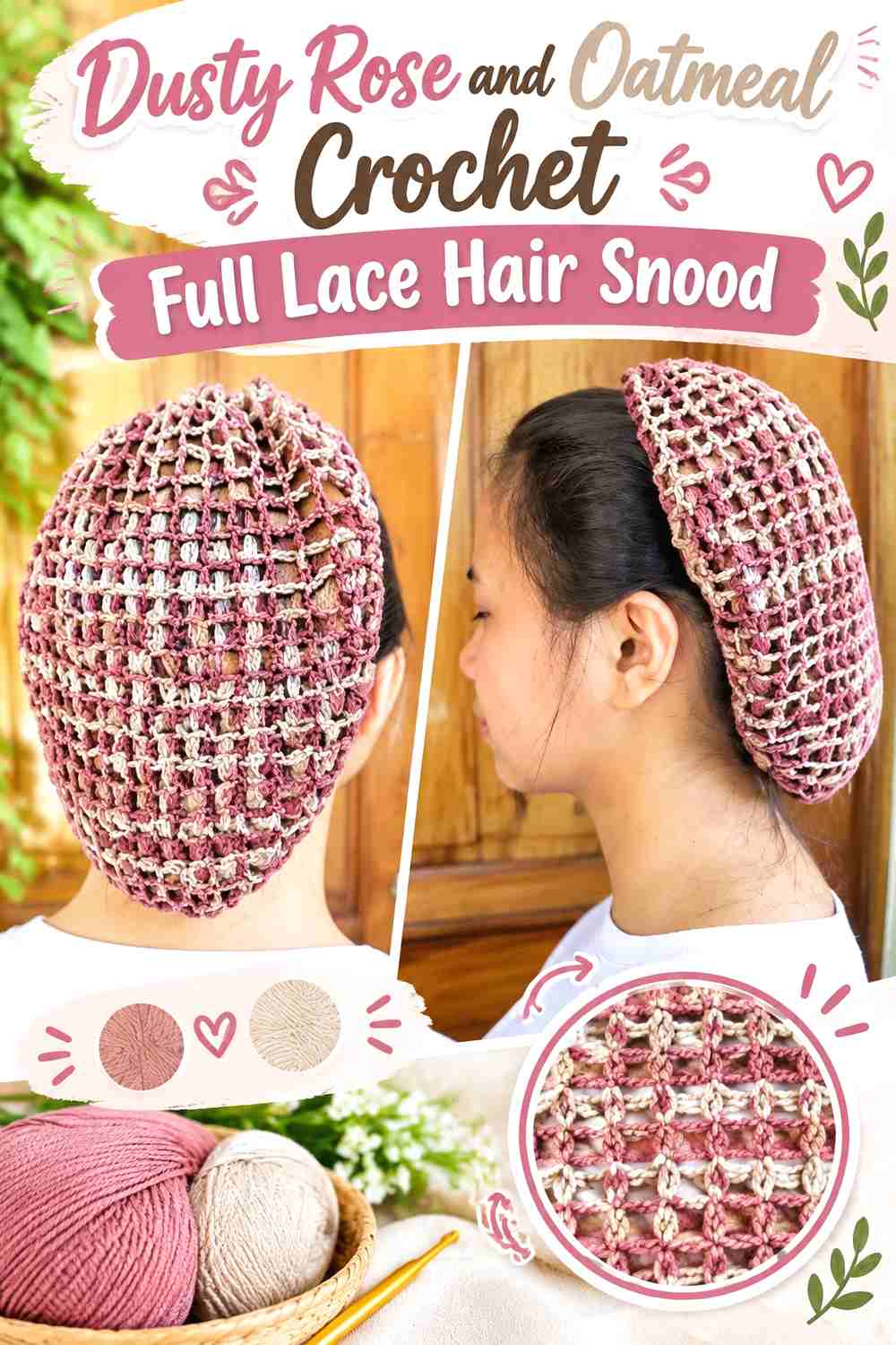 3. Dusty Rose And Oatmeal Crochet Full Lace Hair Snood