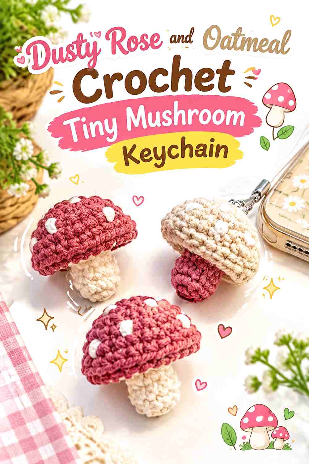 2. Dusty Rose And Oatmeal Crochet Tiny Mushroom Keychain