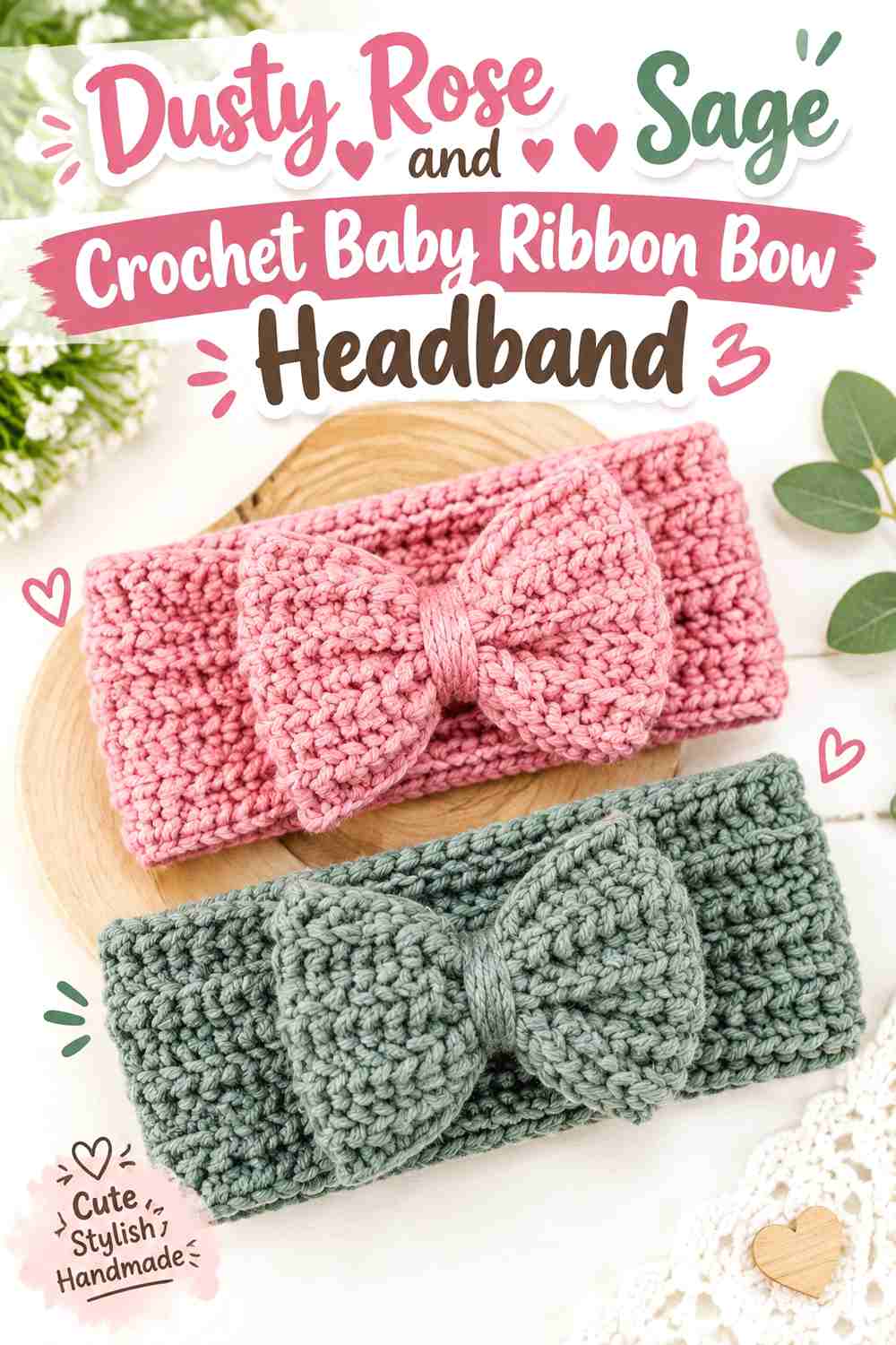 2. Dusty Rose And Sage Crochet Baby Ribbon Bow Headband