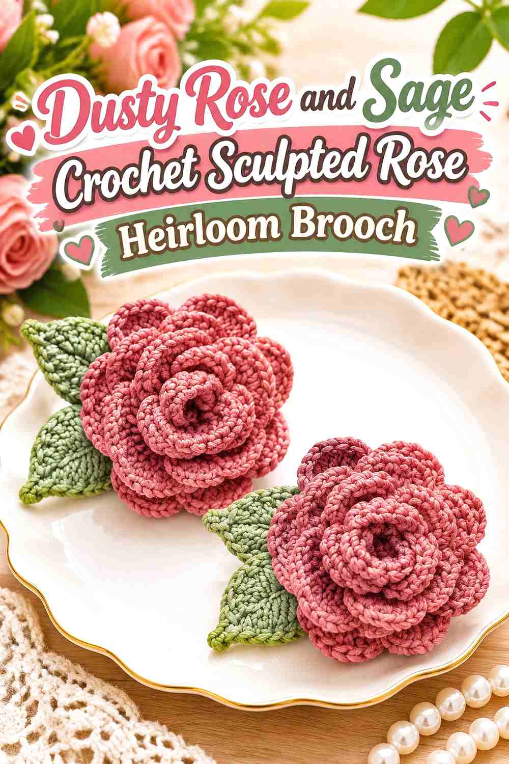 1. Dusty Rose And Sage Crochet Sculpted Rose Heirloom Brooch