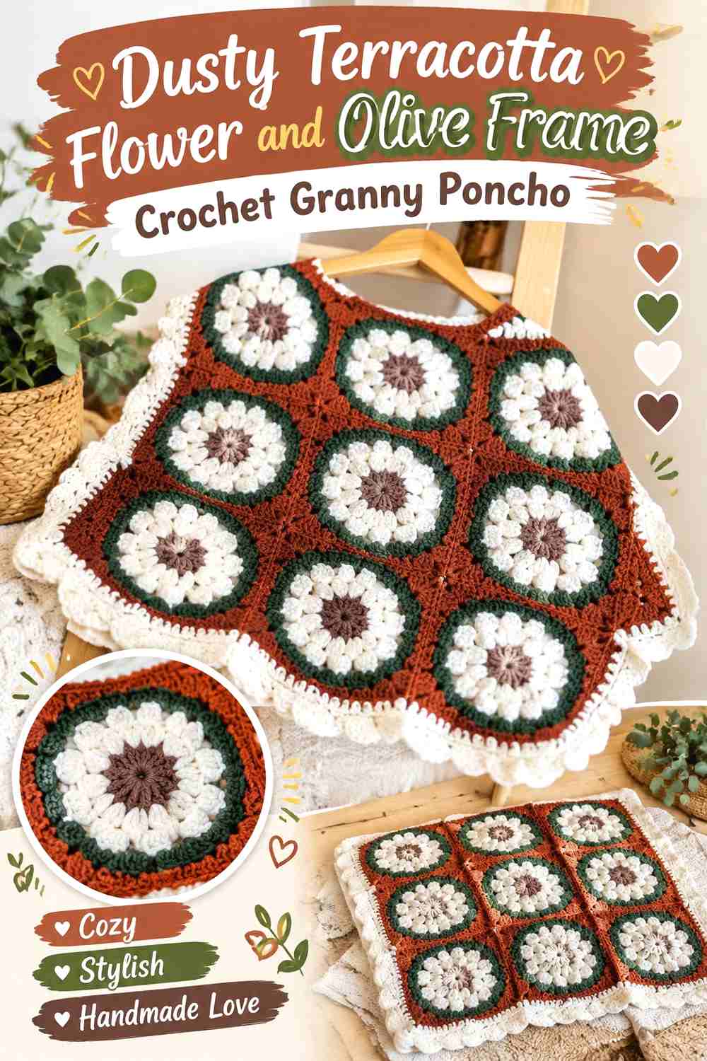 6. Dusty Terracotta Flower and Olive Frame Crochet Granny Poncho
