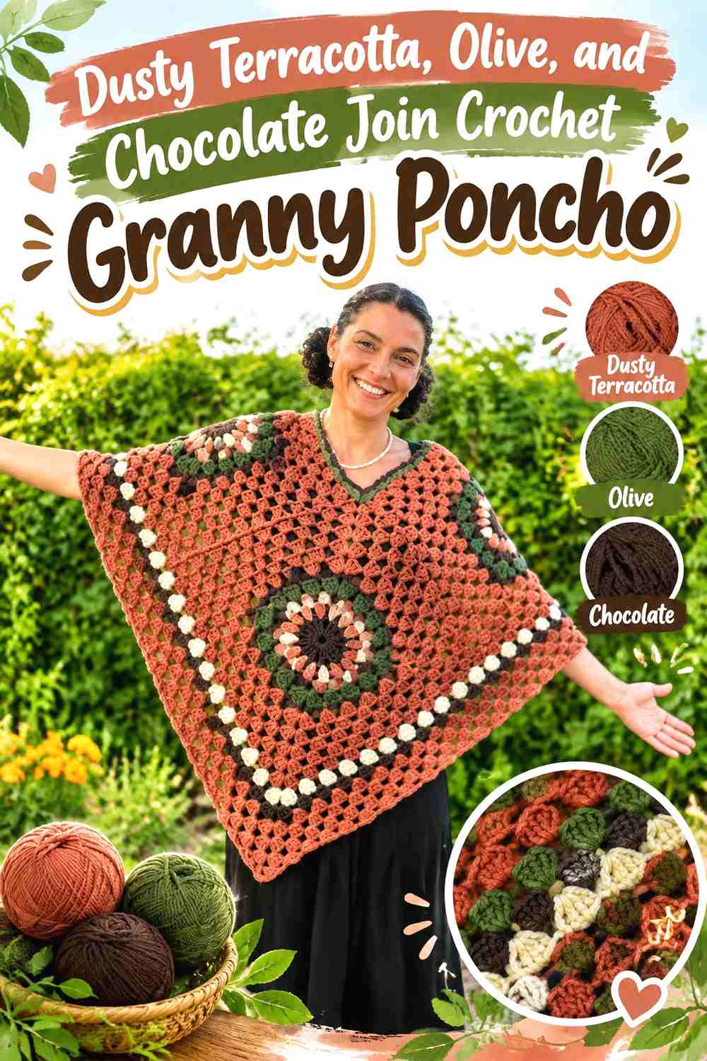 5. Dusty Terracotta, Olive, and Chocolate Join Crochet Granny Poncho