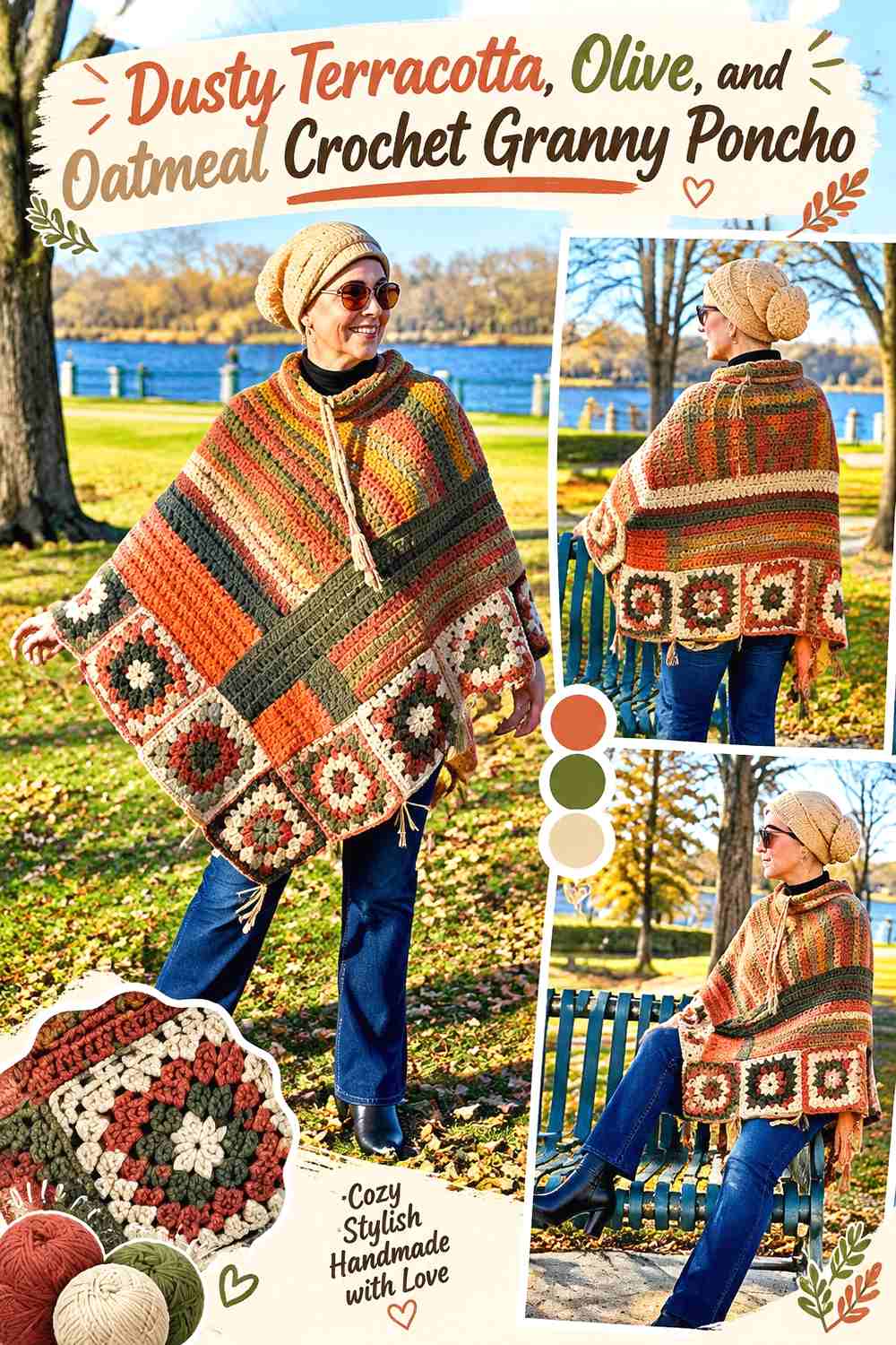 11. Dusty Terracotta, Olive, and Oatmeal Crochet Granny Poncho
