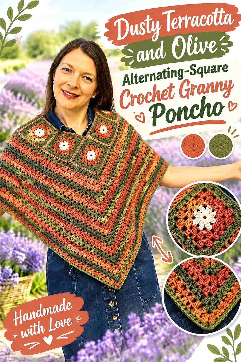 4. Dusty Terracotta and Olive Alternating-Square Crochet Granny Poncho