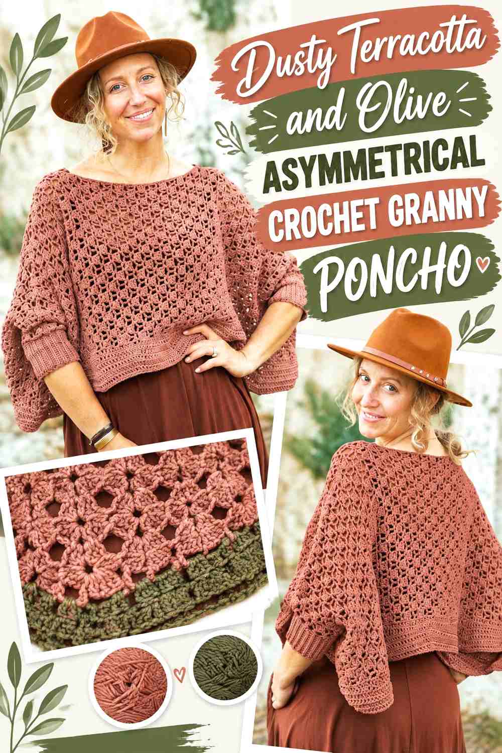 18. Dusty Terracotta and Olive Asymmetrical Crochet Granny Poncho