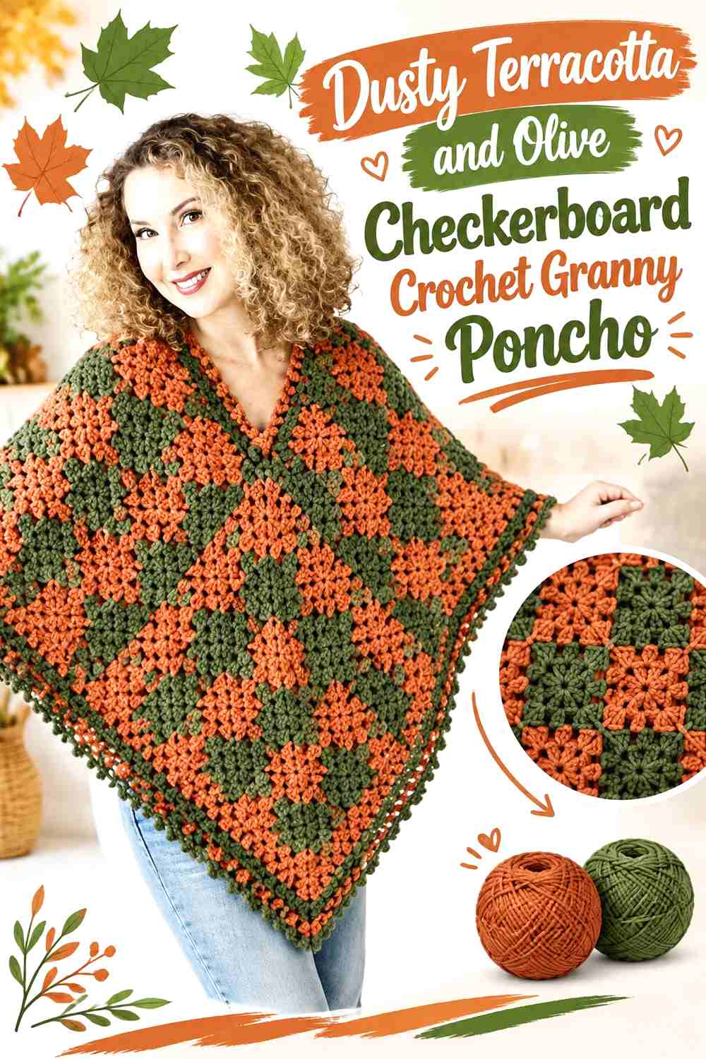 10. Dusty Terracotta and Olive Checkerboard Crochet Granny Poncho