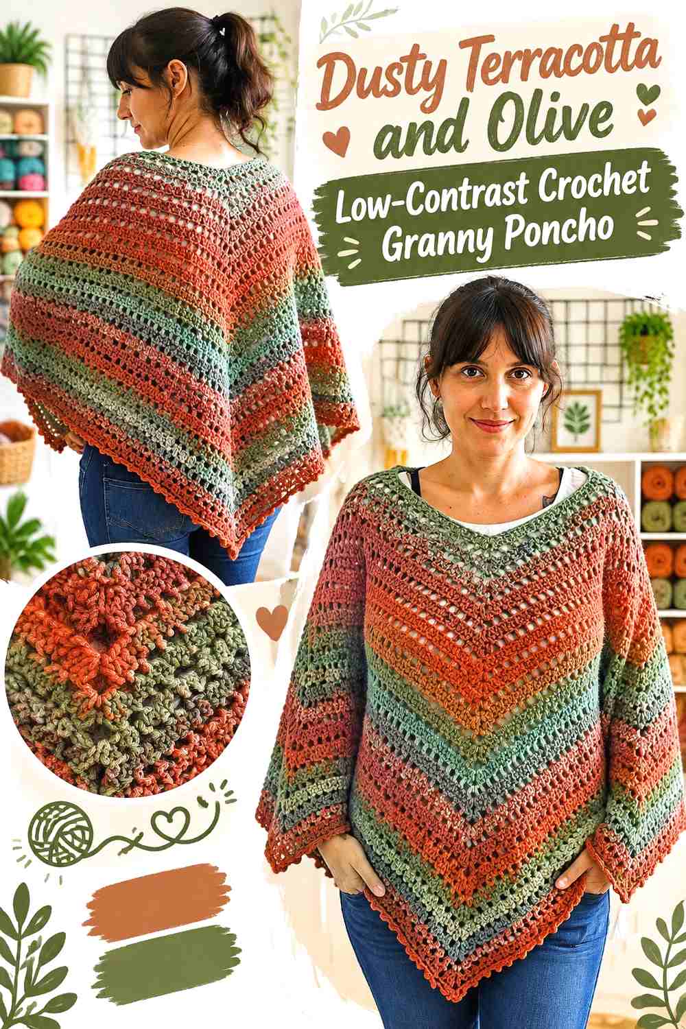 19. Dusty Terracotta and Olive Low-Contrast Crochet Granny Poncho