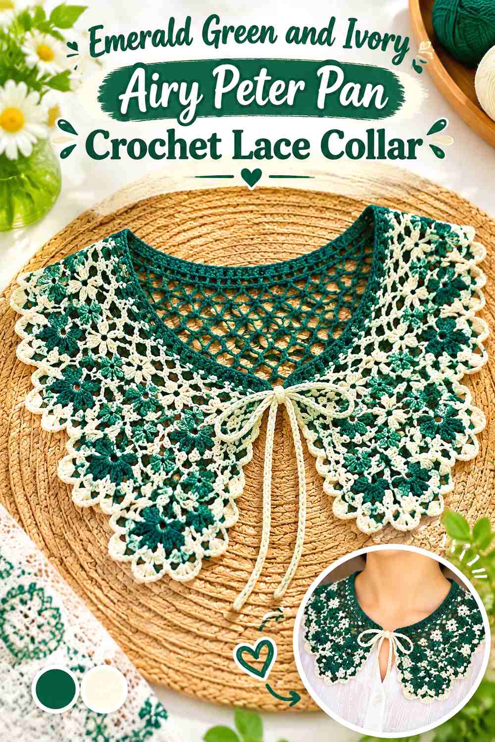 17. Emerald Green And Ivory Airy Peter Pan Crochet Lace Collar
