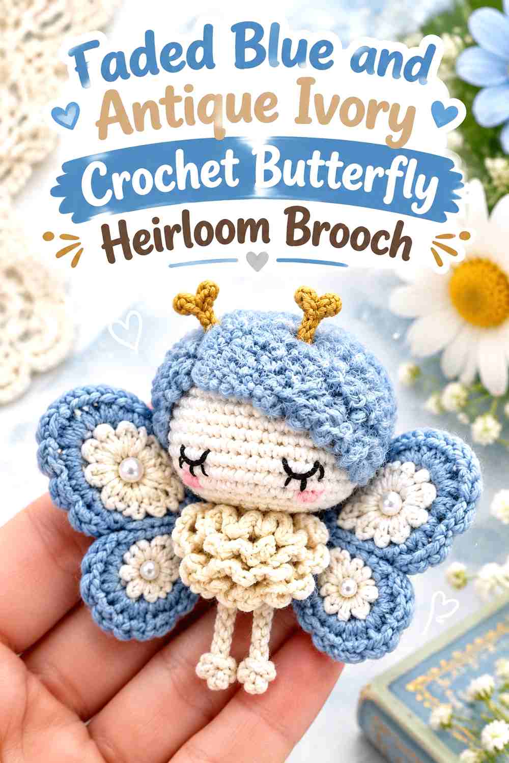 3. Faded Blue And Antique Ivory Crochet Butterfly Heirloom Brooch