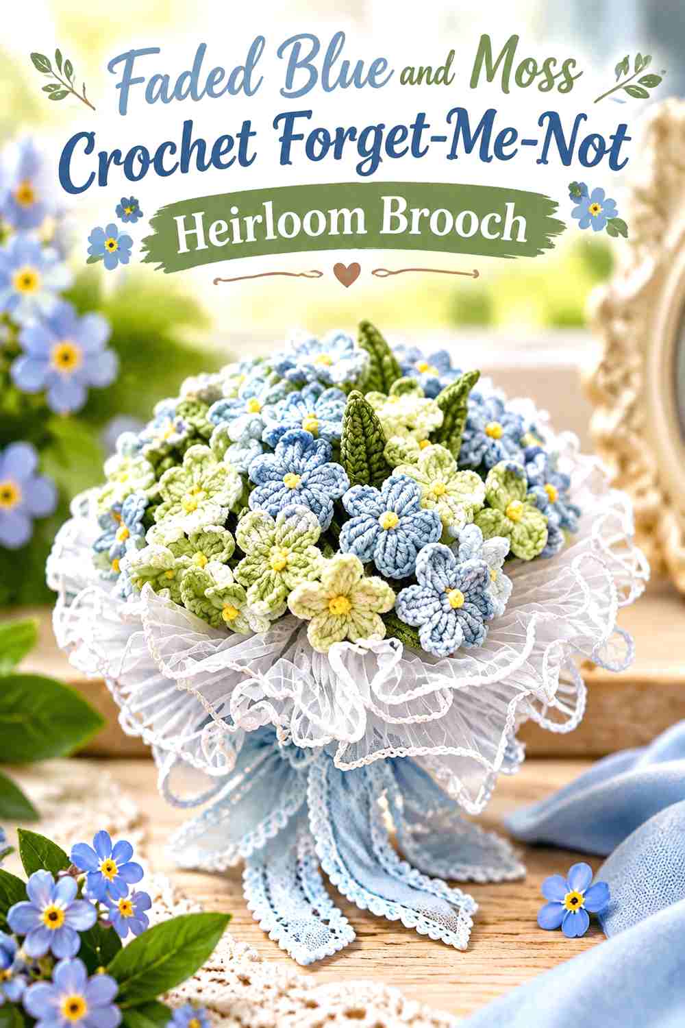 12. Faded Blue And Moss Crochet Forget Me Not Heirloom Brooch