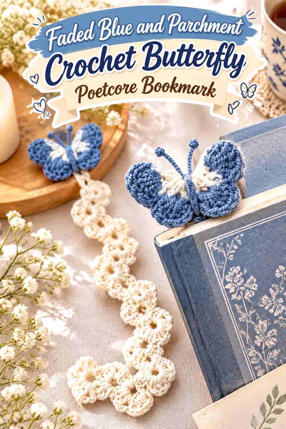 4. Faded Blue And Parchment Crochet Butterfly Poetcore Bookmark
