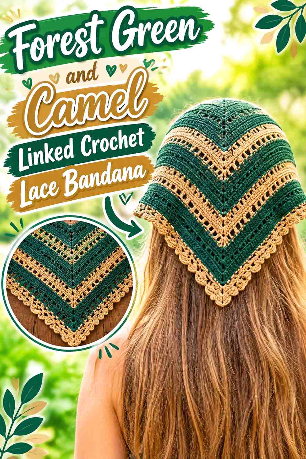 14. Forest Green And Camel Linked Crochet Lace Bandana