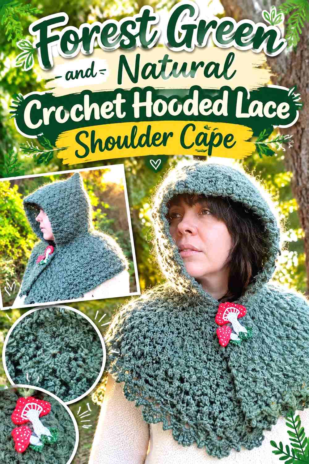 14. Forest Green And Natural Crochet Hooded Lace Shoulder Cape