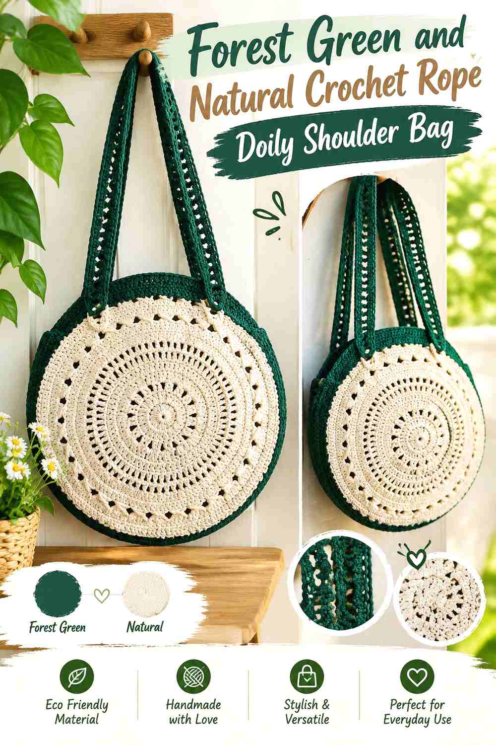 12. Forest Green And Natural Crochet Rope Doily Shoulder Bag