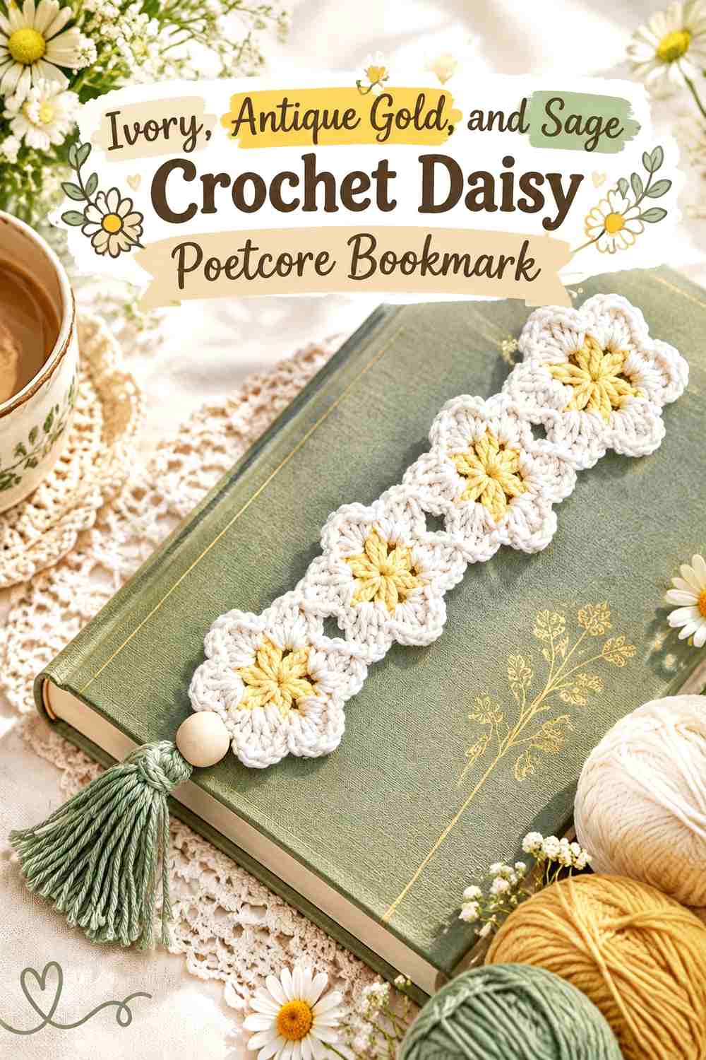 2. Ivory Antique Gold And Sage Crochet Daisy Poetcore Bookmark