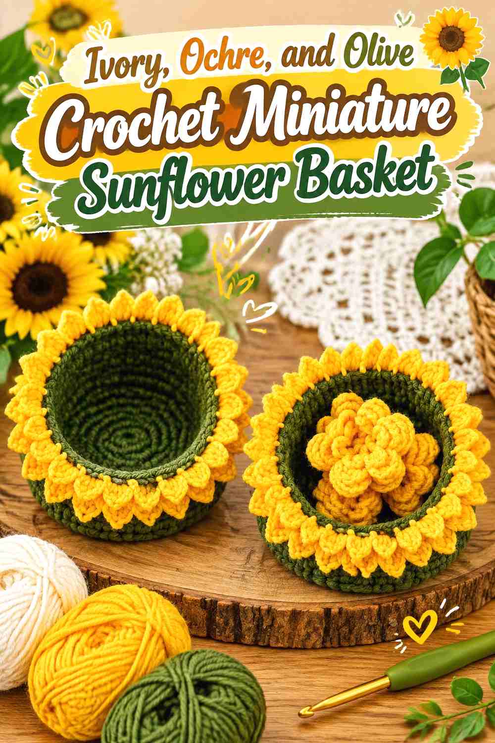 6. Ivory Ochre And Olive Crochet Miniature Sunflower Basket