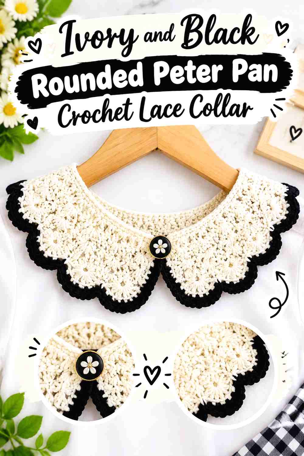 1. Ivory And Black Rounded Peter Pan Crochet Lace Collar