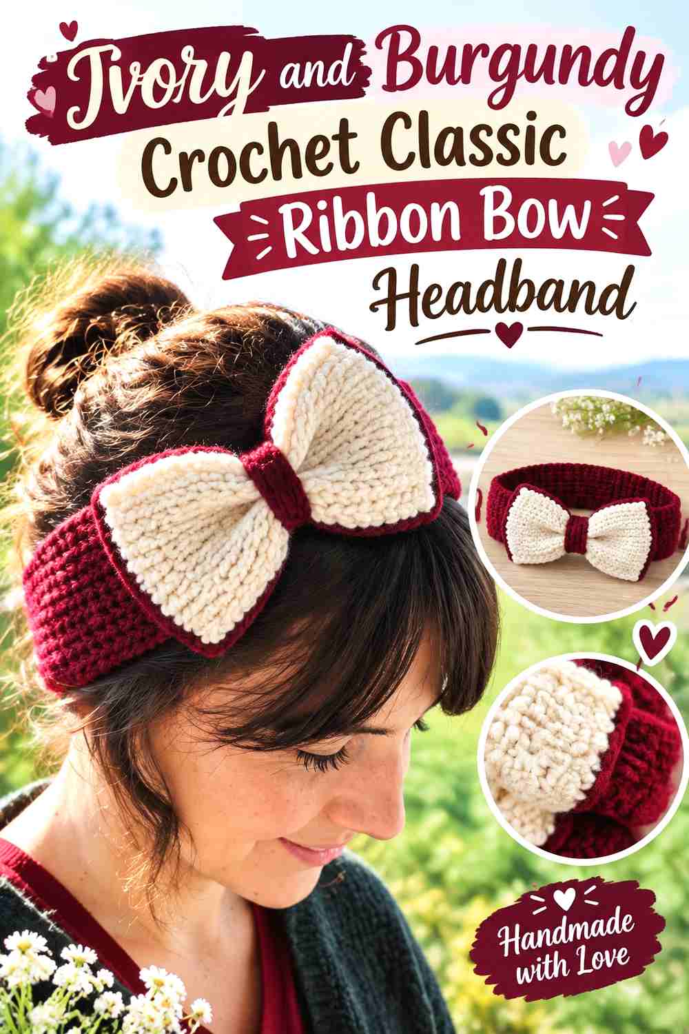 1. Ivory And Burgundy Crochet Classic Ribbon Bow Headband