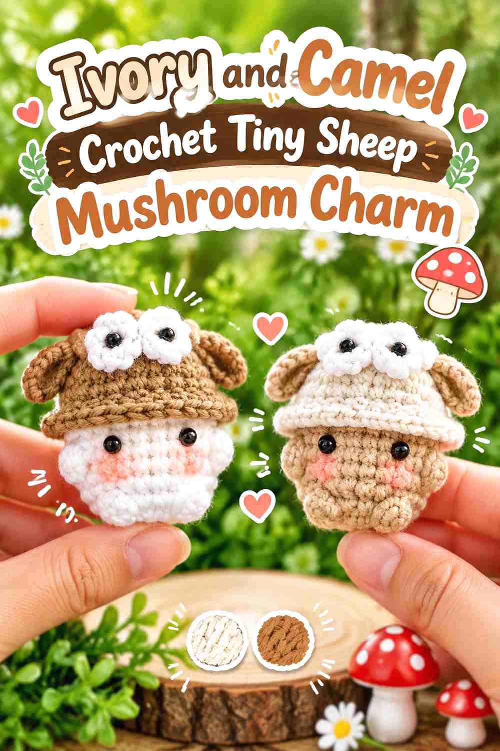 8. Ivory And Camel Crochet Tiny Sheep Mushroom Charm