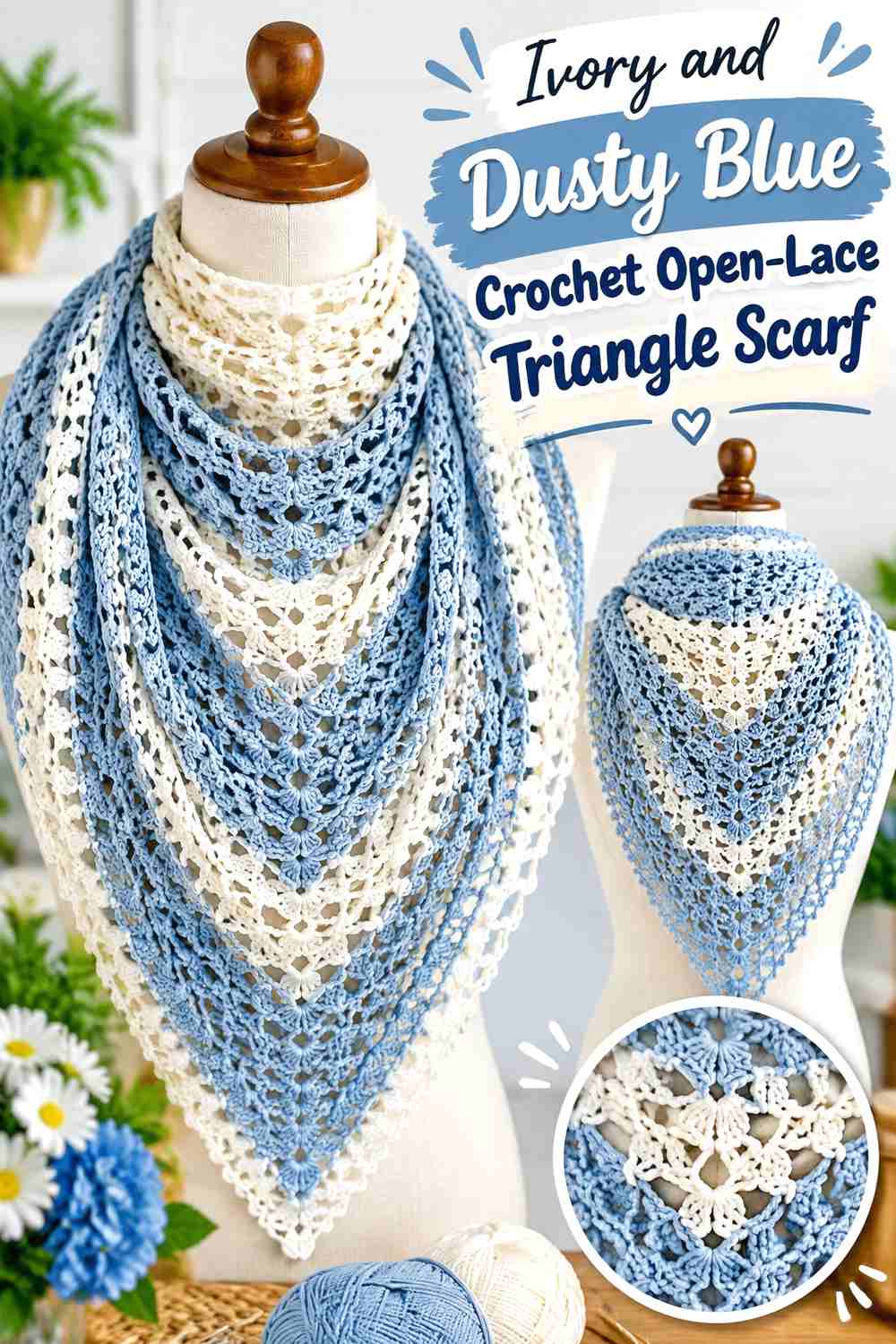 1. Ivory And Dusty Blue Crochet Open Lace Triangle Scarf